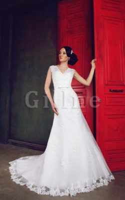 Abito da Sposa in Pizzo Lunghi V-Scollo con Applique Senza Maniche – Gillne.it