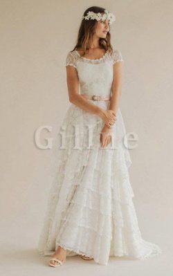 Abito da Sposa in Pizzo Vintage A-Line Spazzola Treno con Manica Corte – Gillne.it