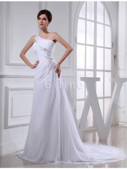 Abito da Sposa Monospalla in Chiffon A-Line con Applique Coda A Strascico Corto – Gillne.it