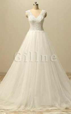 Abito da Sposa Senza Maniche Naturale in Pizzo A-Line V-Scollo – Gillne.it