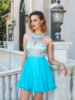 Nackenband Rückenfreies Chiffon Mini Cocktailkleid mit Perlen – MeKleid.de