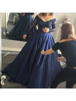 Perlenbesetztes Duchesse-Linie Natürliche Taile Satin Abendkleid mit Langen Ärmeln – MeKle ...