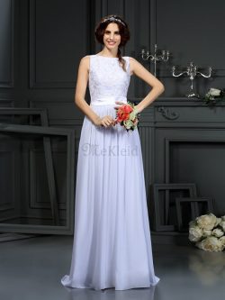 Ärmelloses Schaufel-Ausschnitt Chiffon Sittsames Brautkleid mit Bordüre – MeKleid.de