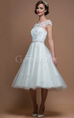 Robe de mariée au niveau de genou col u profond avec manche courte avec ruban a-ligne – Go ...