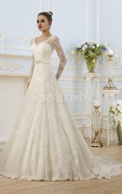 Robe de mariée avec nœud v encolure en dentelle decoration en fleur cordon – GoodRobe