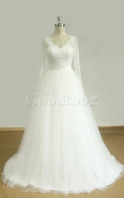 Robe de mariée avec perle ceinture en dentelle ligne a en tulle – GoodRobe