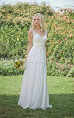 Robe de mariée charmeuse de col en v fermeutre eclair avec fleurs ligne a – GoodRobe