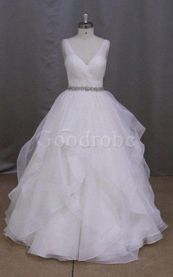 Robe de mariée cordon v encolure avec perle de traîne courte manche nulle – GoodRobe