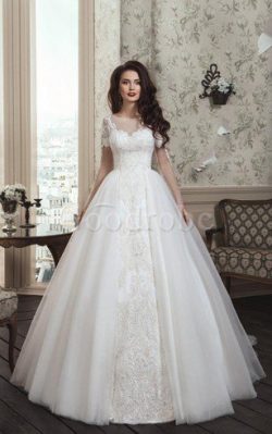 Robe de mariée de traîne courte manche nulle avec manche courte a-ligne de col en cœur – G ...