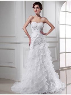 Robe de mariée de traîne mi-longue en organza manche nulle de col en cœur cordon – GoodRobe