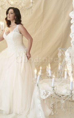 Robe de mariée en dentelle a-ligne de mode de bal manche nulle decoration en fleur – GoodRobe