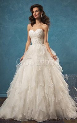 Robe de mariée en organza ligne a de traîne moyenne de col en cœur dos nu – GoodRobe