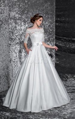 Robe de mariée humble plissé a-ligne d’epaule ecrite de traîne moyenne – GoodRobe