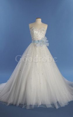 Robe de mariée ligne a en tulle a salle intérieure fermeutre eclair avec perle – GoodRobe