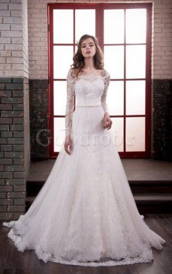 Robe de mariée longue col en bateau textile en tulle ceinture en étoffe avec ruban – GoodRobe