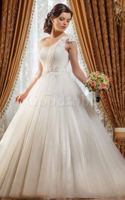 Robe de mariée longue de mode de bal d’épaule asymétrique ruché avec fleurs – GoodRobe