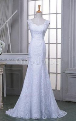 Robe de mariée longue en satin de col en cœur manche nulle avec décoration dentelle – GoodRobe