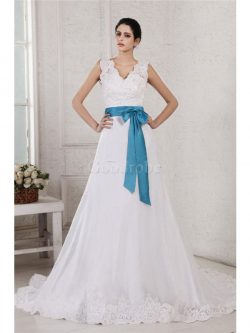 Robe de mariée longue en satin manche nulle ceinture en étoffe a-ligne – GoodRobe