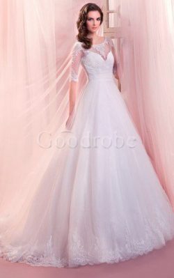 Robe de mariée longue naturel en 1/2 manche a-ligne en organza – GoodRobe