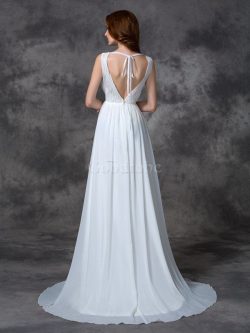 Robe de mariée longue sans dos avec chiffon v encolure avec perle – GoodRobe