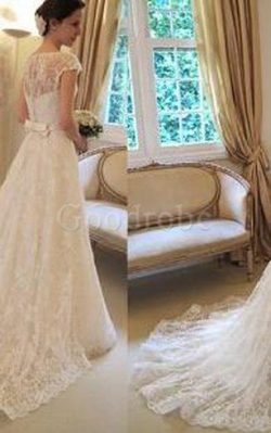 Robe de mariée modeste distinguee vintage avec manche épeules enveloppants ceinture – GoodRobe