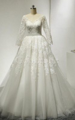 Robe de mariée naturel a-ligne de traîne moyenne avec manche 3/4 textile en tulle – GoodRobe