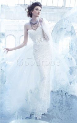 Robe de mariée naturel avec gradins en tulle de traîne courte décolleté dans le dos – GoodRobe