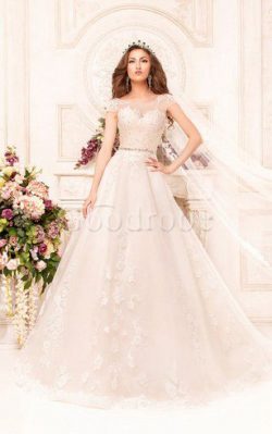 Robe de mariée naturel avec manche courte ligne a appliques avec décoration dentelle – Goo ...