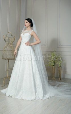 Robe de mariée naturel cordon avec fleurs manche nulle a-ligne – GoodRobe