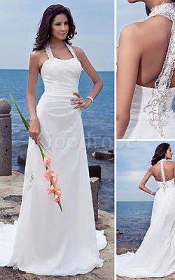 Robe de mariée naturel de traîne moyenne avec perle dénudé avec chiffon – GoodRobe