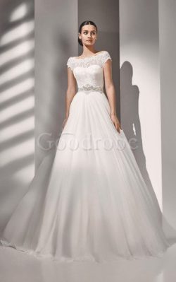 Robe de mariée naturel festonné avec bouton de traîne courte ligne a – GoodRobe