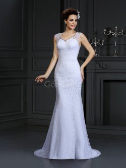 Robe de mariée naturel longue avec décoration dentelle v encolure manche nulle – GoodRobe