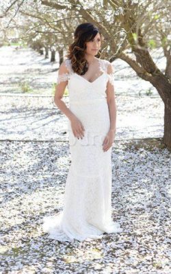 Robe de mariée naturel longue avec manche courte de fourreau en dentelle – GoodRobe