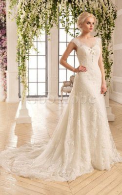 Robe de mariée plissé luxueux avec manche épeules enveloppants col en bateau ligne a – Goo ...