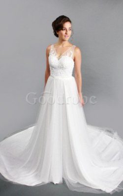 Robe de mariée plissage avec décoration dentelle manche nulle v encolure avec perle – GoodRobe