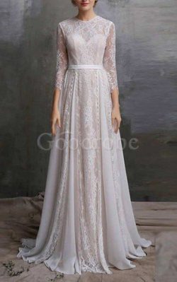 Robe de mariée plissage en 3/4 manche de traîne courte a-ligne boutonné – GoodRobe