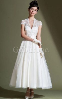 Robe de mariée romantique textile en tulle a-ligne avec manche courte appliques – GoodRobe