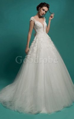 Robe de mariée sexy de traîne moyenne avec nœud textile en tulle ligne a – GoodRobe