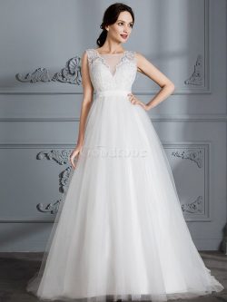 Robe de mariée textile en tulle avec sans manches de traîne courte ligne a de princesse –  ...