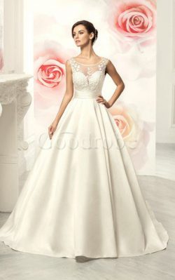 Robe de mariée v col profonde jusqu’au sol en satin decoration en fleur manche nulle ̵ ...