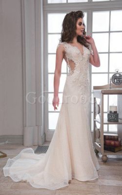 Robe de mariée v encolure col en v foncé appliques de fourreau jusqu’au sol – GoodRobe