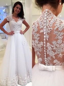 Abito da sposa a sala a terra orecchiabile in pizzo in tulle con bottone – Gillne.it