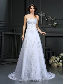 Abito da Sposa Allacciato in Raso Lungo con Applique Coda A Strascico Corto – Gillne.it