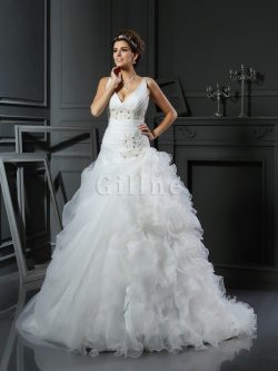 Abito da Sposa Ball Gown con Increspature in Organza Allacciato Lungo – Gillne.it