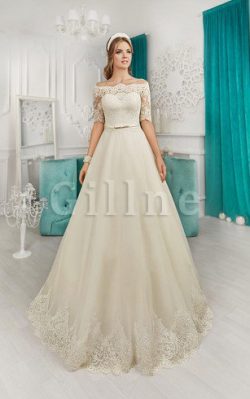 Abito da Sposa con Applique A-Line Fuori dalla spalla Allacciato con Fiocco – Gillne.it