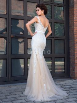 Abito da Sposa con Applique Alta Vita con Manica Corte Sirena Spazzola Treno – Gillne.it