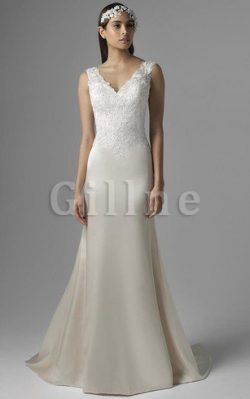 Abito da Sposa con Applique Tubino Naturale in Raso V-Scollo – Gillne.it