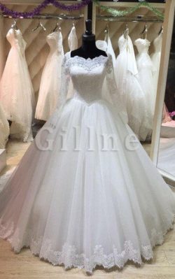 Abito da Sposa con Maniche Lunghe Ampio in Tulle con Fiocco Stravagante – Gillne.it