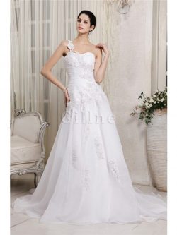 Abito da Sposa con Perline Allacciato in Organza Lungo Monospalla – Gillne.it