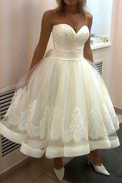 Abito da Sposa Cuore Senza Maniche con Applique Sotto Ginocchio Naturale – Gillne.it